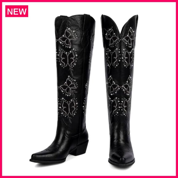 Knee High Cowboy Boots with Rhinestone Butterfly Embroidery Chunky Heel Slip On - Picture 6 of 7